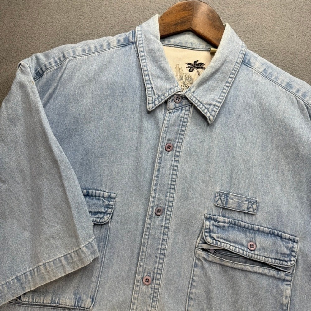 Bugle Boy Denim Shirt Mens XL Blue Short Sleeve Utility Button Up Cotton Vintage